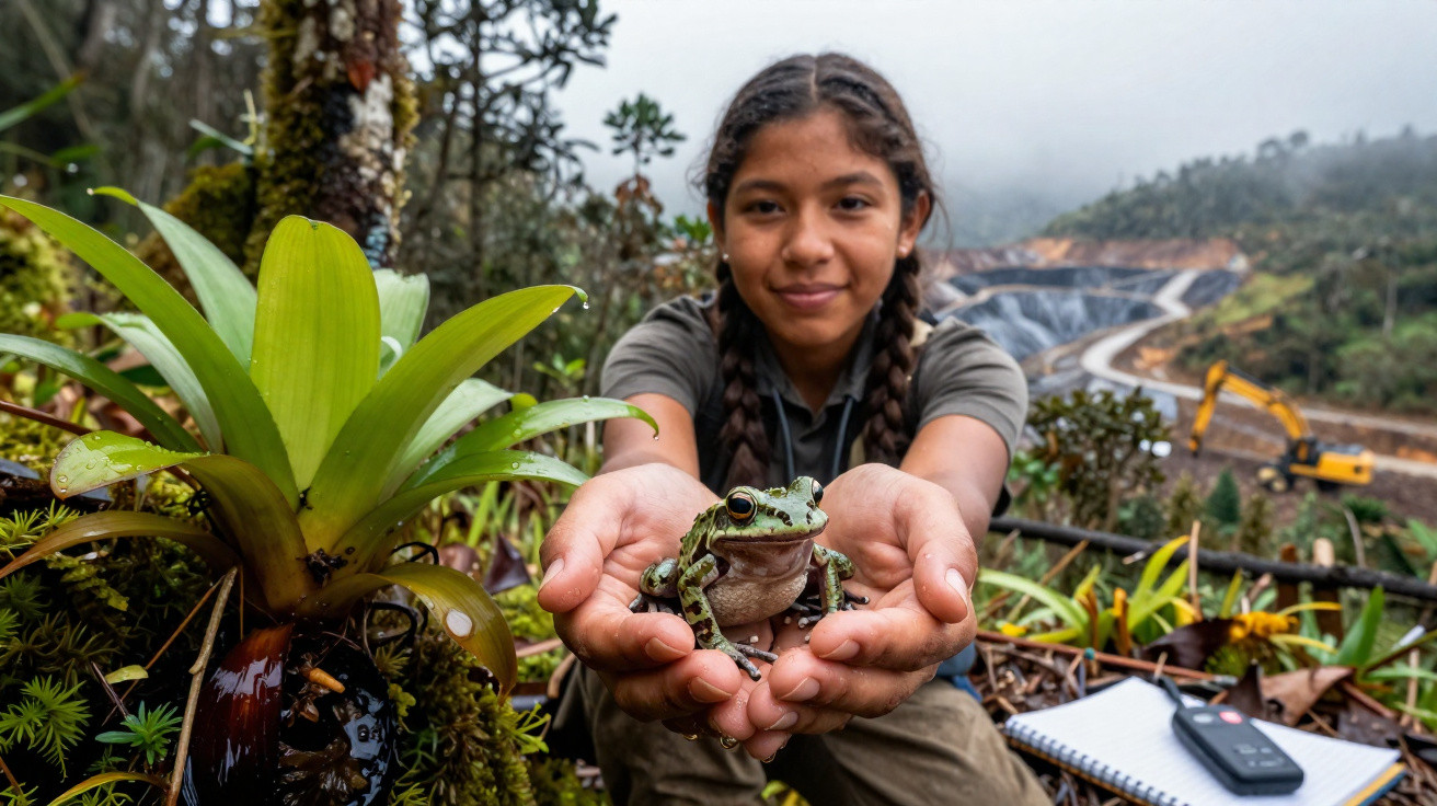 Jovem segura sapo verde com paisagem de vegetação e área de construção ao fundo em dia nublado.