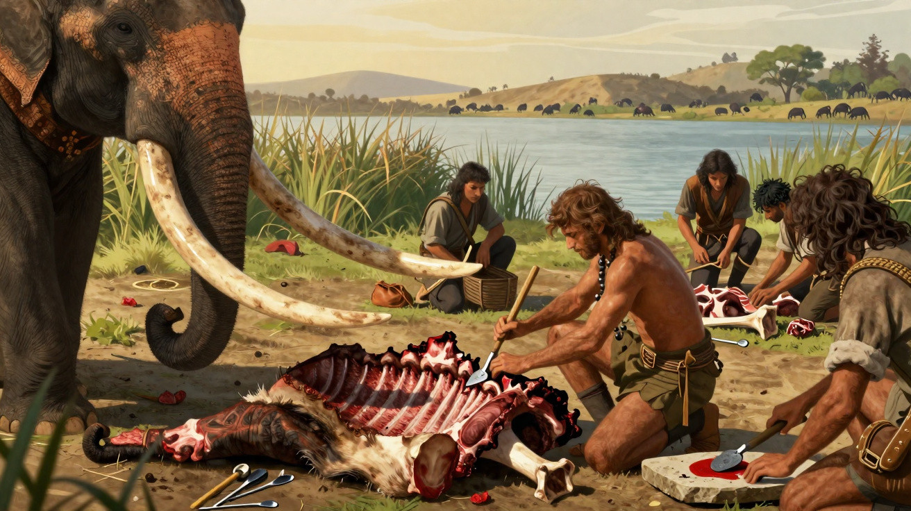 Homens pré-históricos cortam carne de mamute ao lado de um rio com gramíneas e colinas ao fundo.