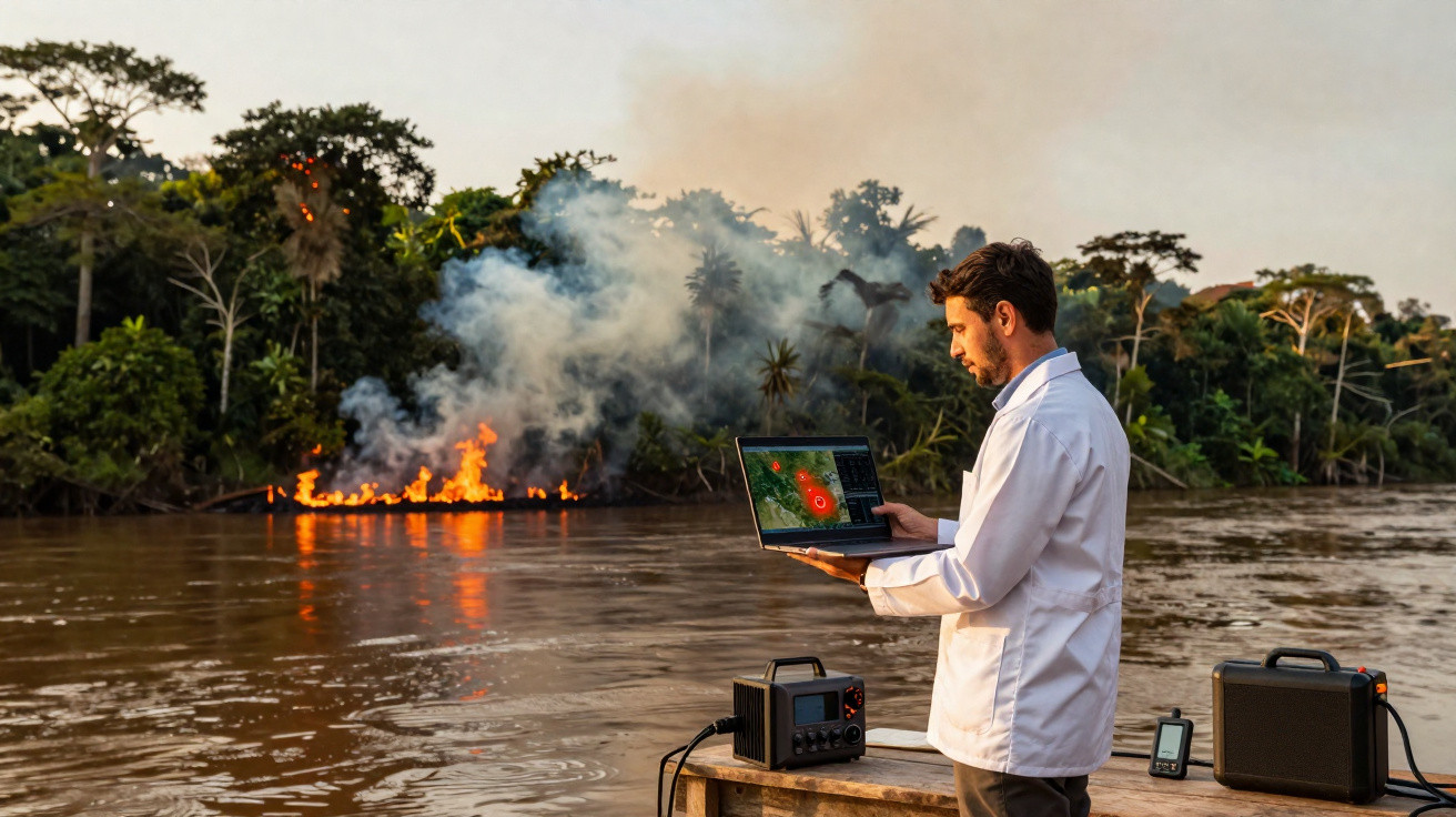Pesquisador com laptop monitora incêndio em área de floresta próxima a rio em região tropical.