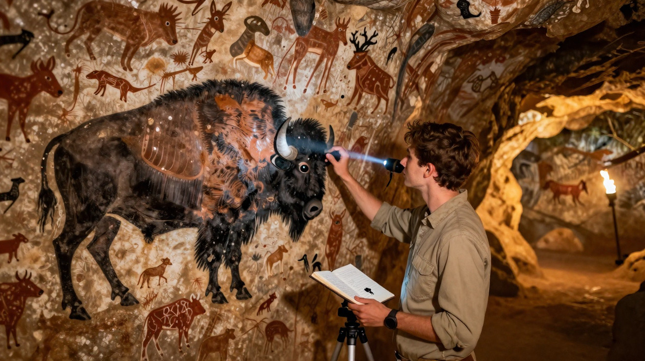 Pesquisador examina pinturas rupestres de bisão e outros animais em caverna iluminada por tocha e lanterna.