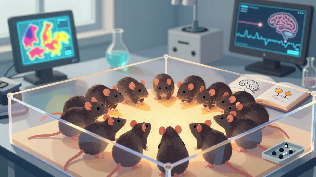 Doze ratos reunidos em círculo dentro de uma caixa de vidro em laboratório, com equipamentos científicos ao fundo.