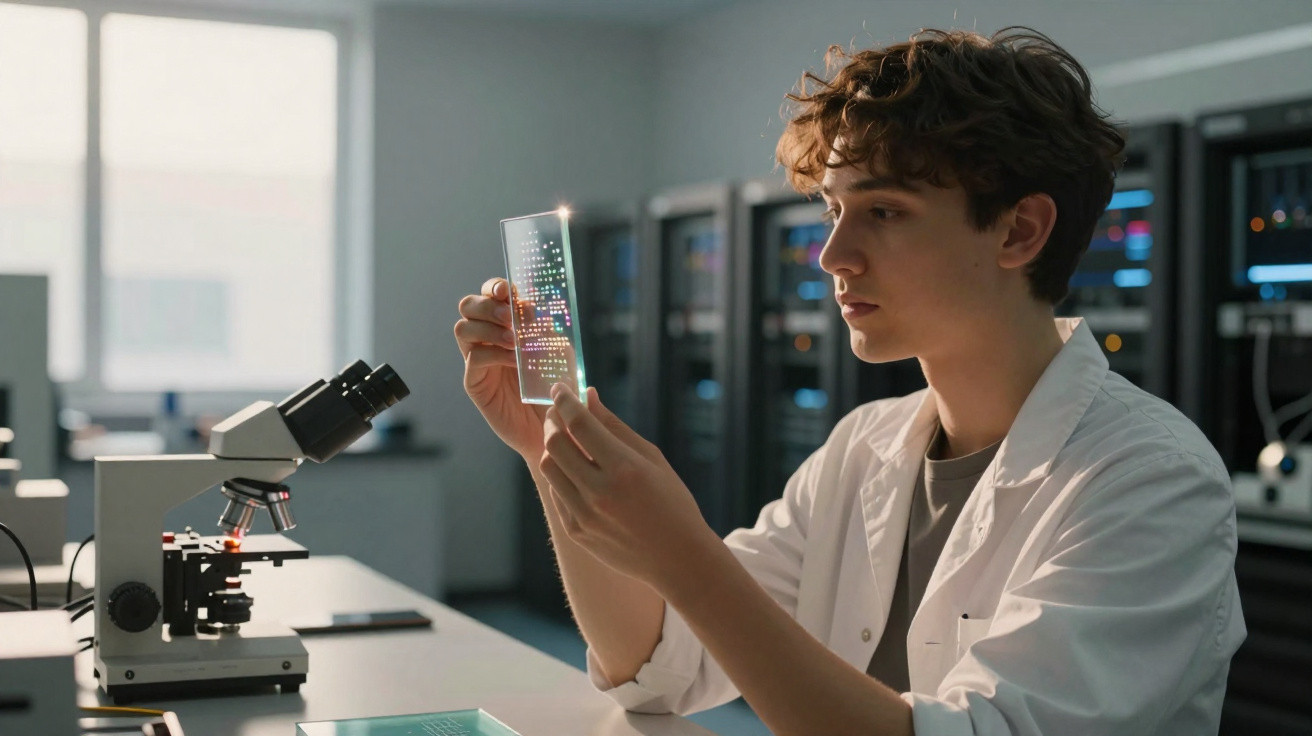 Jovem cientista em laboratório analisando lâmina transparente próxima a microscópio.