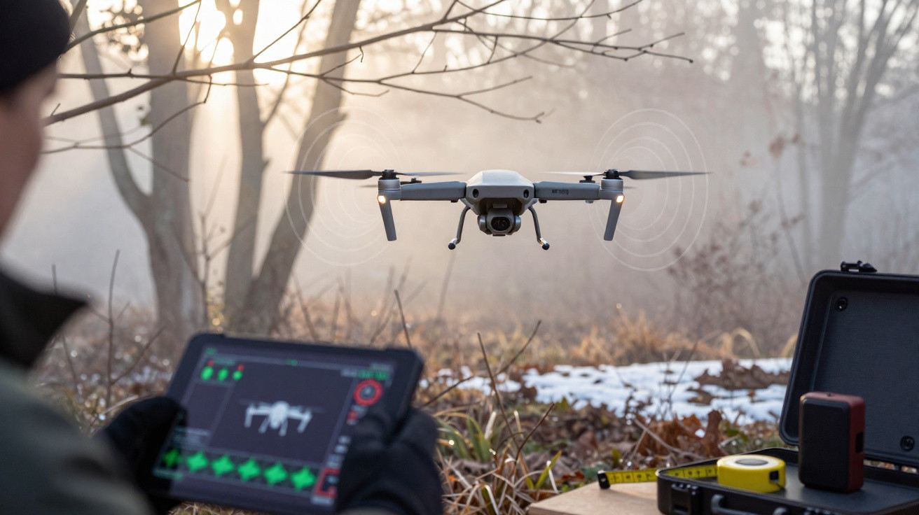 Pessoa controlando um drone cinza em voo com tablet em ambiente externo com árvores e neve no chão.