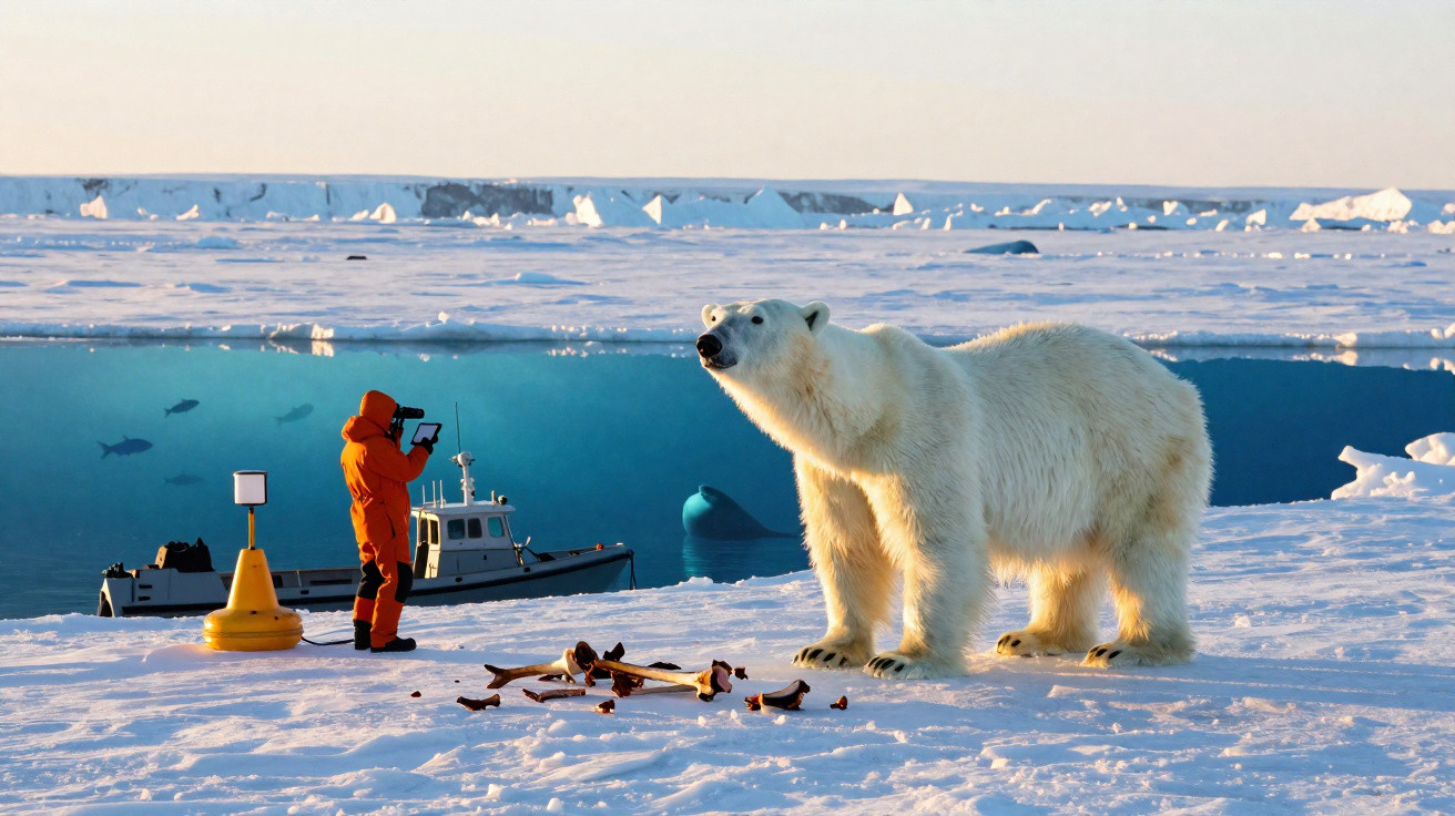 Urso polar em gelo ao lado de ossos, com pessoa vestida de laranja e barco ao fundo no Ártico.
