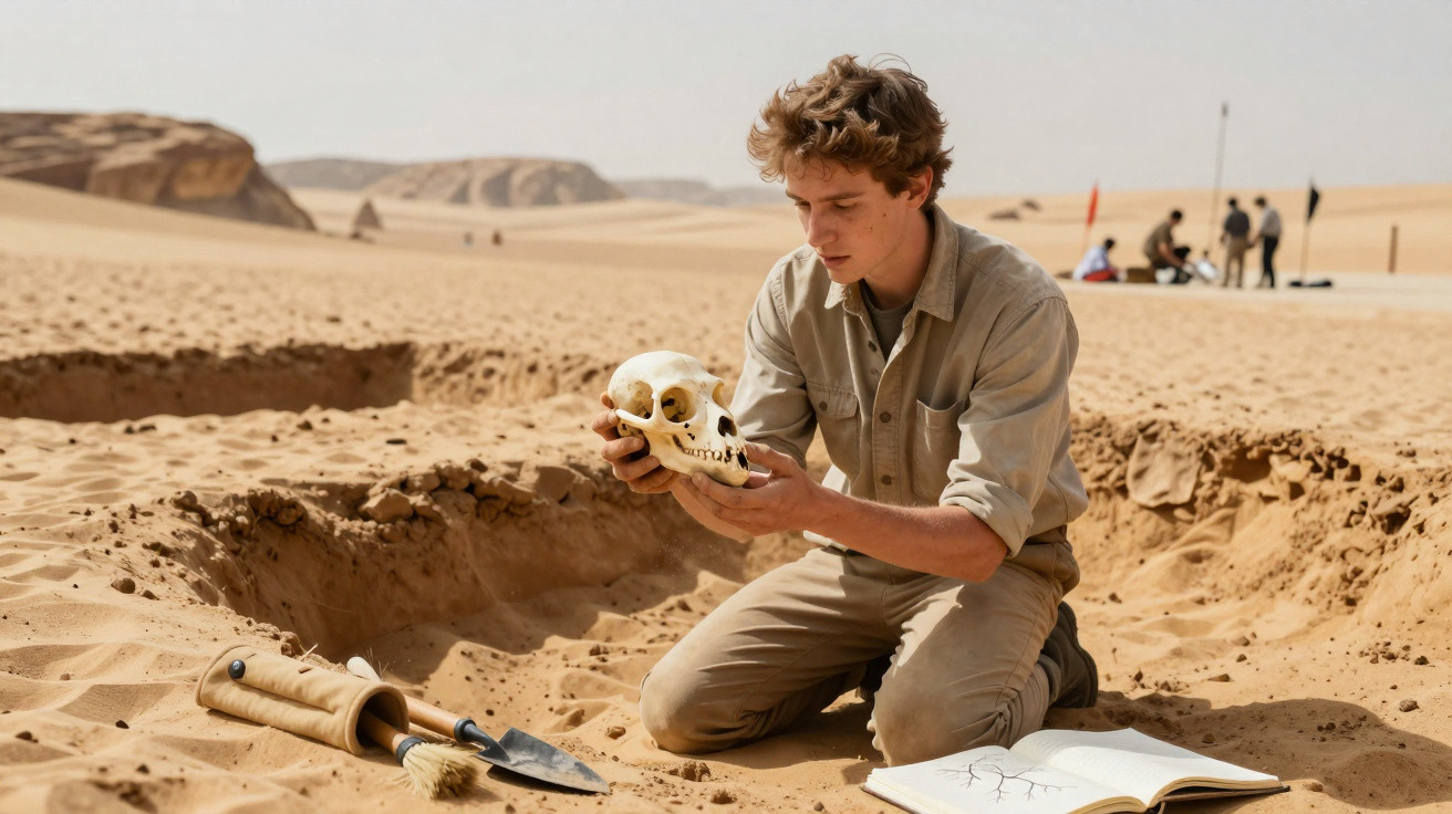 Homem ajoelhado em escavação no deserto analisando crânio de primata ao lado de ferramentas e caderno aberto.