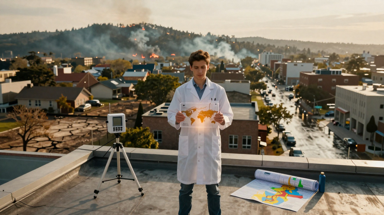 Jovem cientista com jaleco segurando mapa holográfico em telhado, incêndio e cidade ao fundo.