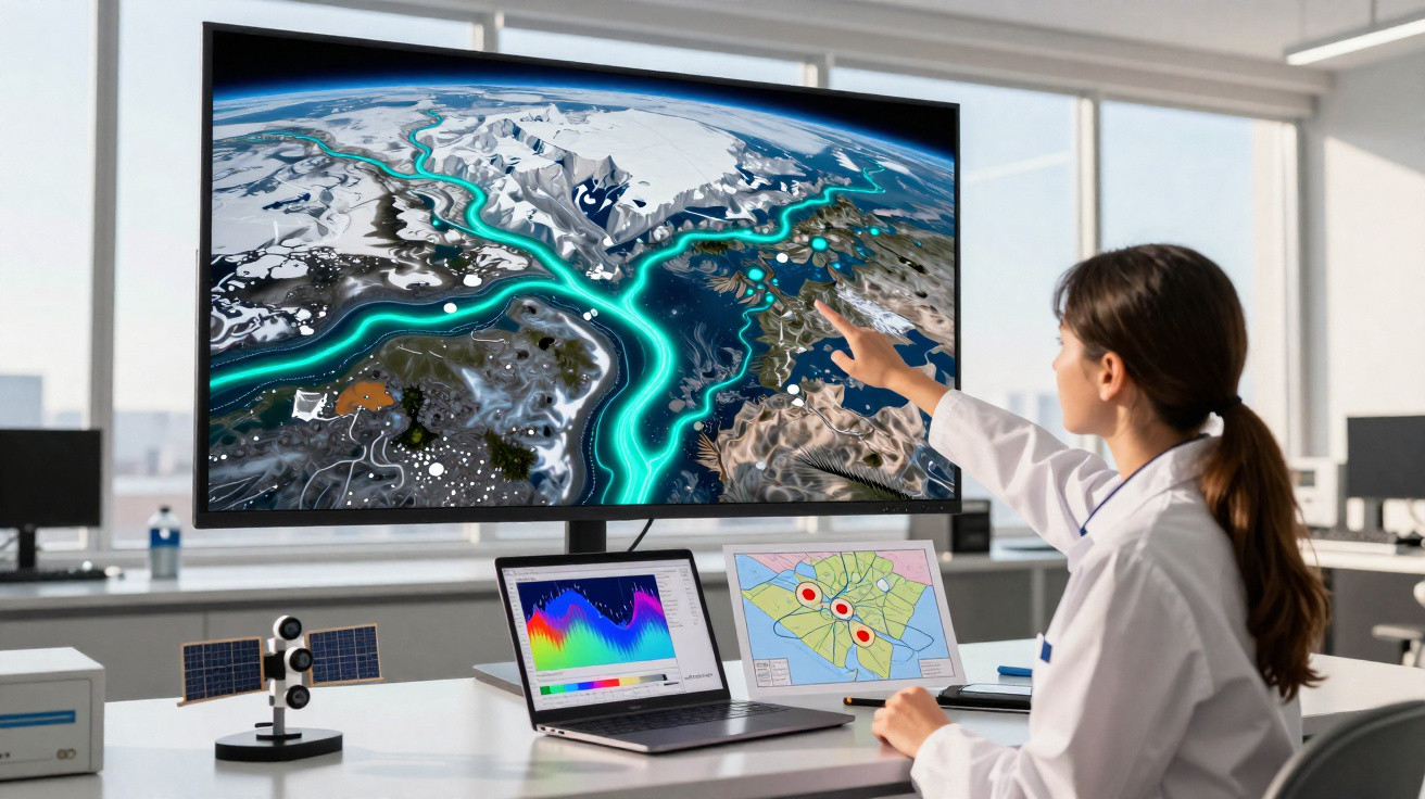 Mulher cientista interage com mapa digital e gráficos em telas de computador em sala de pesquisa.