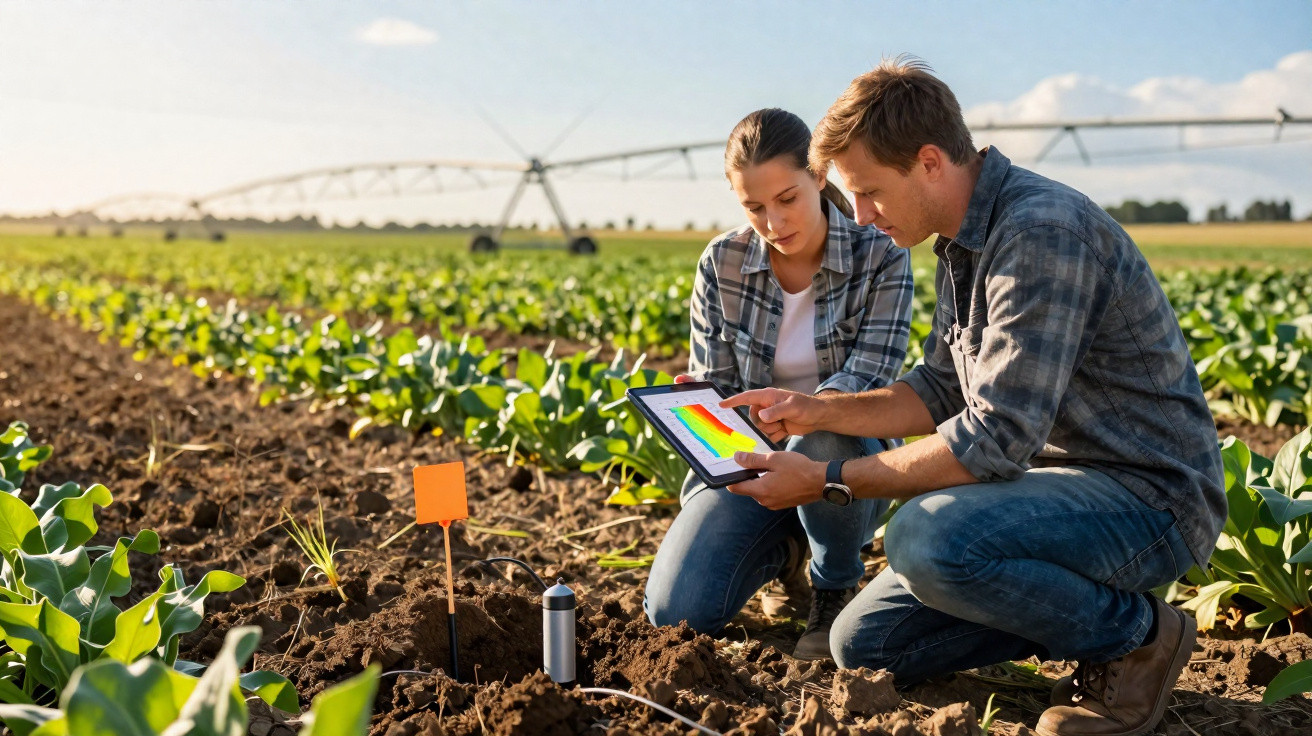 Dois agricultores analisando dados em tablet em plantação durante dia claro.