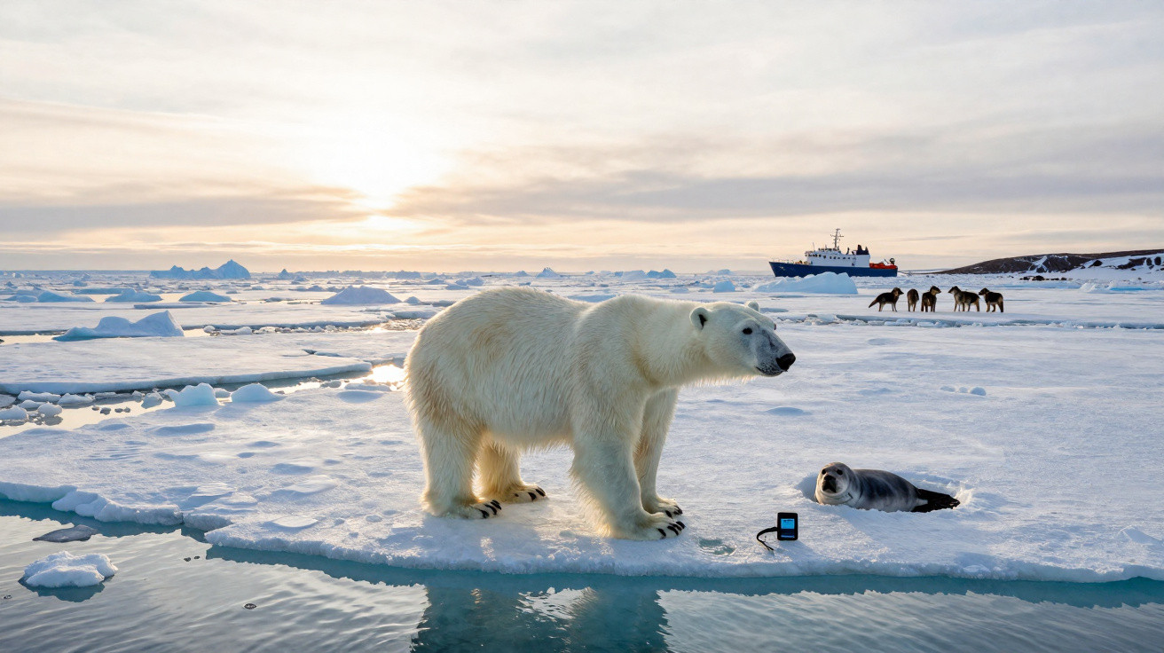 Urso polar e foca sobre gelo ártico com cães e navio ao fundo durante pôr do sol.