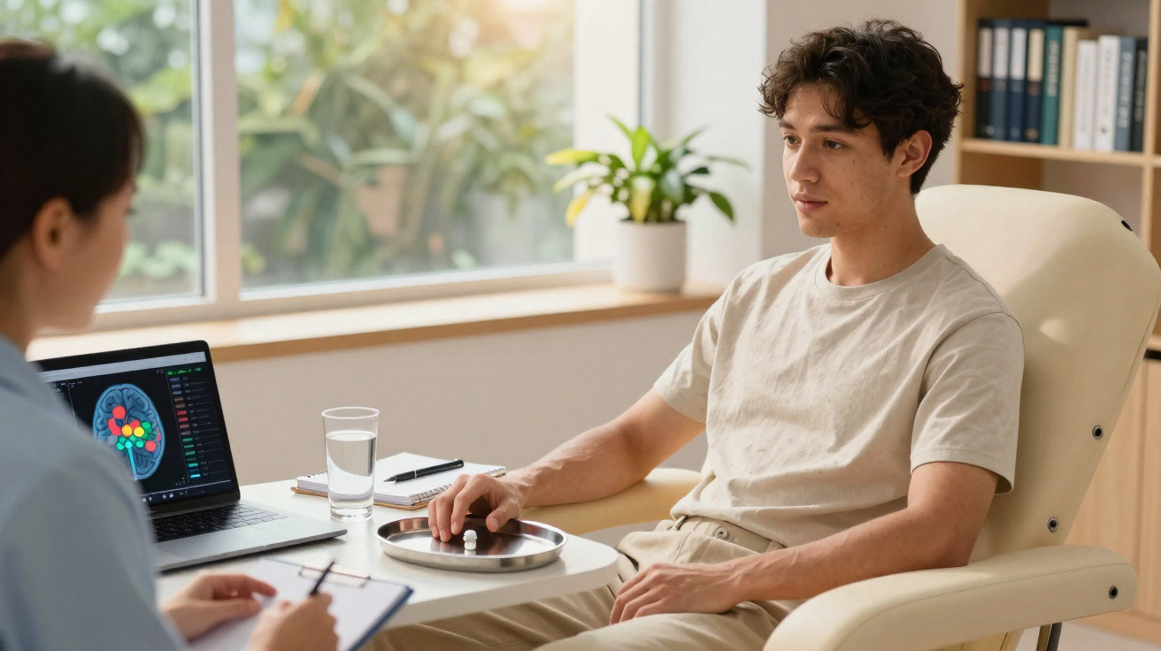 Homem realizando teste neuropsicológico com profissional em consultório claro com planta e laptop.