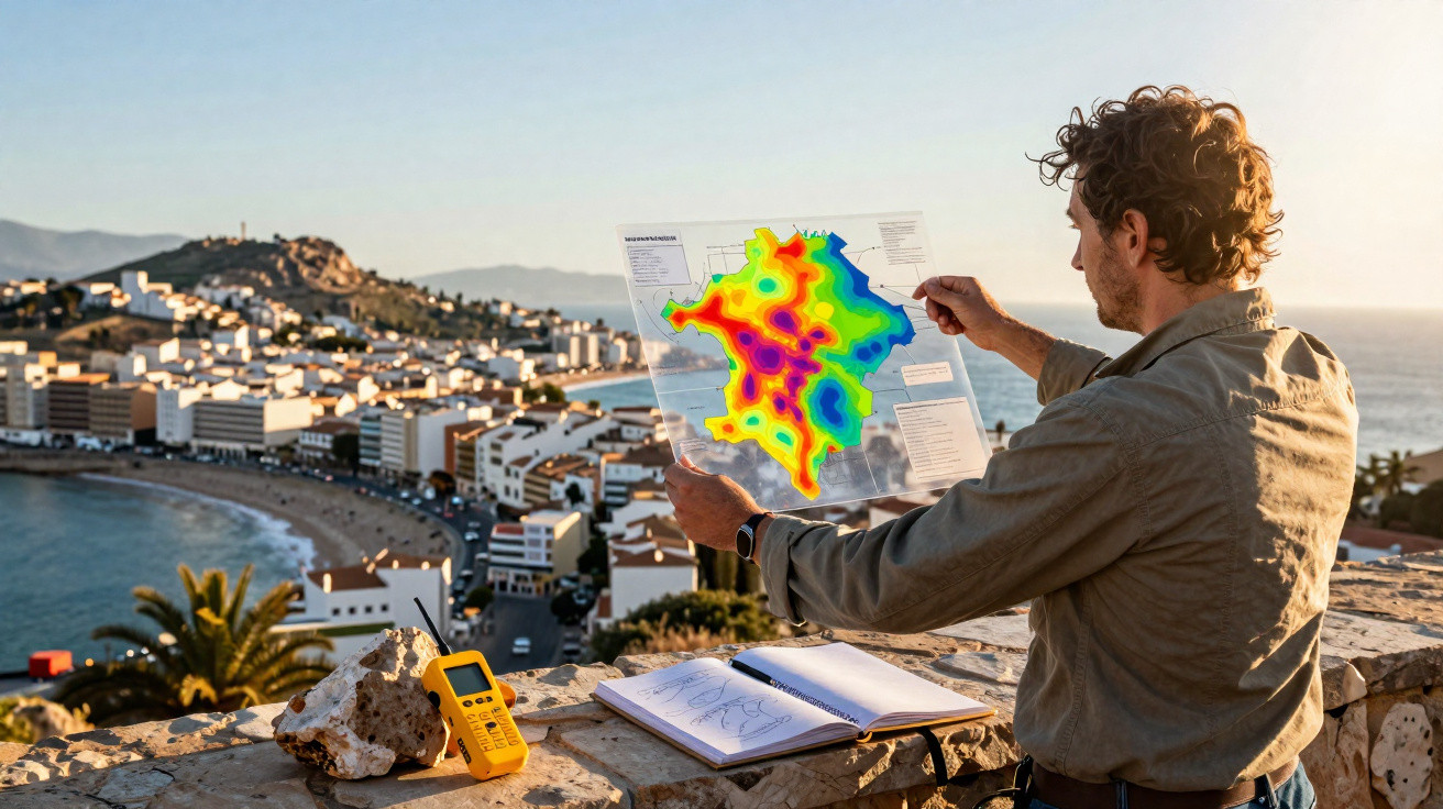 Homem analisa mapa térmico colorido de área urbana à beira-mar com material de trabalho sobre muro de pedra.