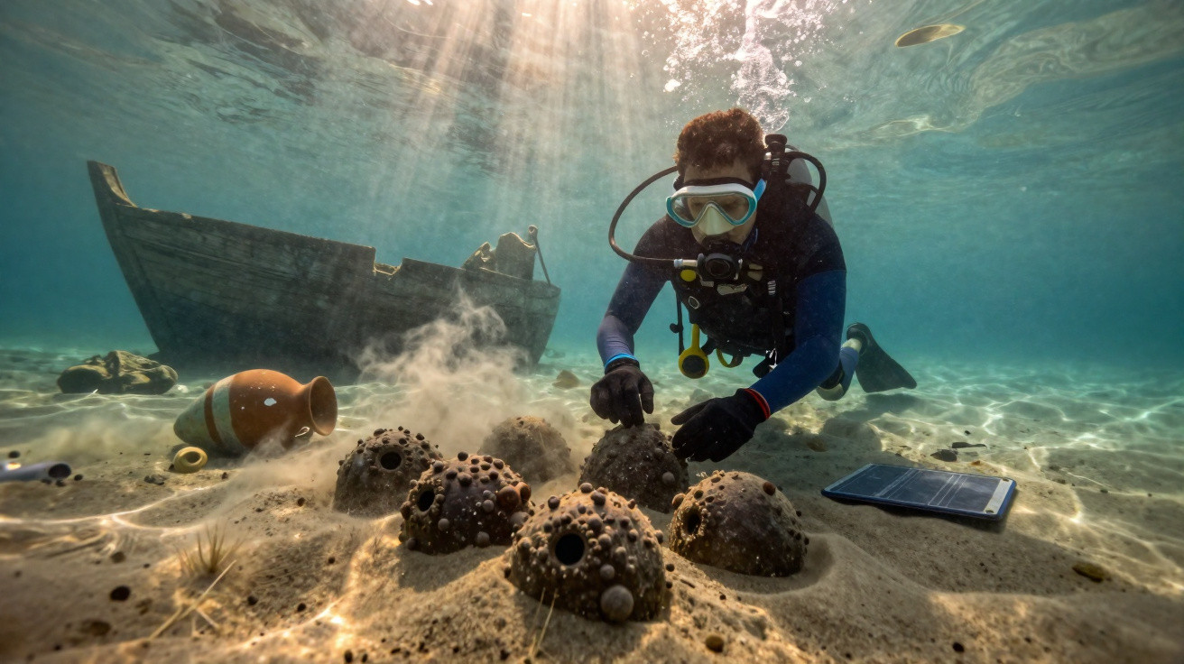 Mergulhador investigando artefatos antigos no fundo do mar próximo a um naufrágio.