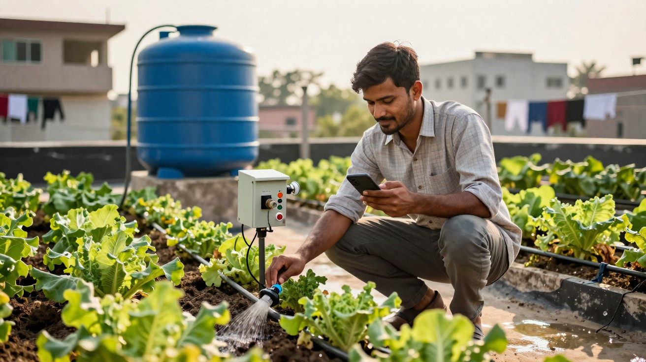 Homem usando celular para controlar irrigação em horta com alface em zona urbana ao pôr do sol.