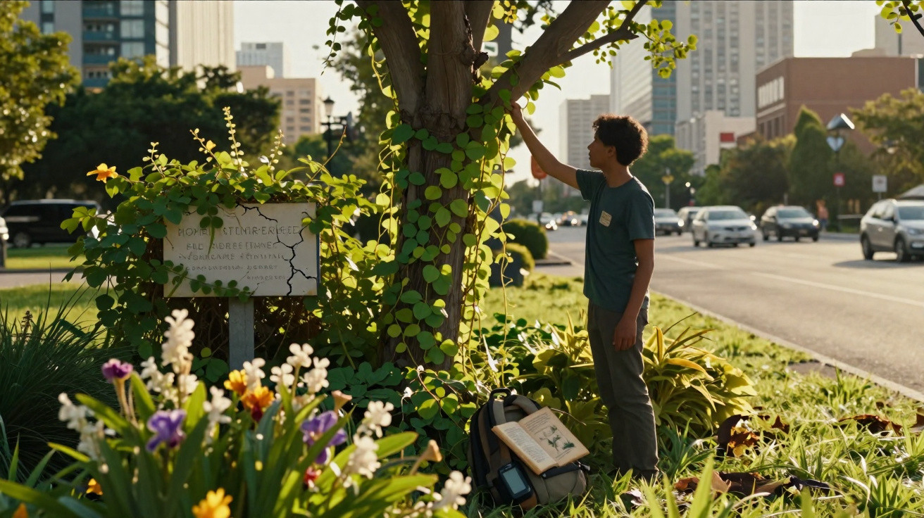 Menino observa árvore com inscrições, cercada por flores e plantas em área urbana ao entardecer.