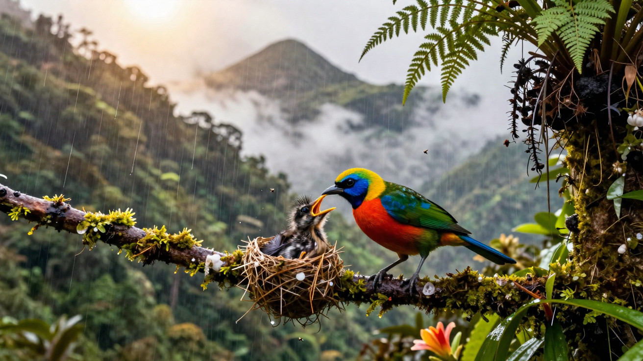 Pássaro colorido alimenta filhote em ninho na floresta tropical sob chuva e montanhas ao fundo.
