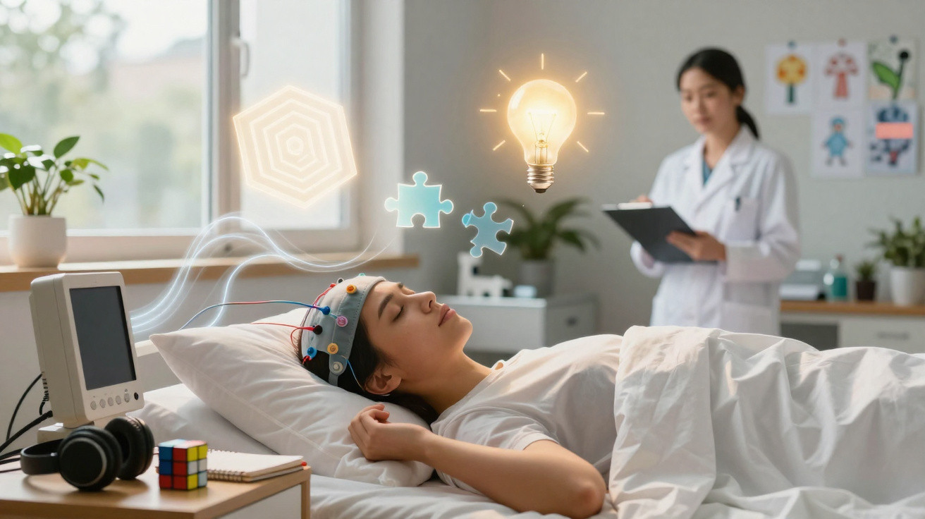 Mulher deitada em cama com eletrodos na cabeça, monitor cardíaco e médica analisando dados ao fundo.