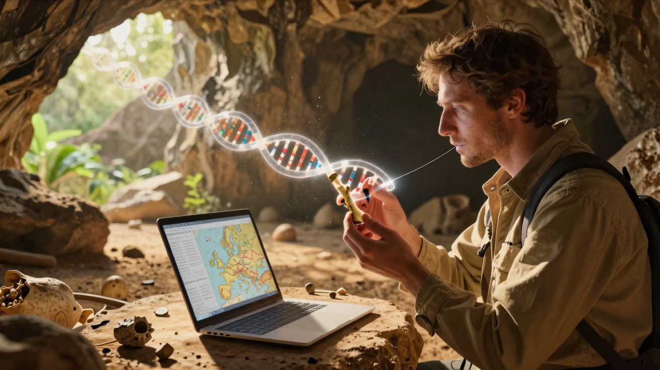 Homem em caverna segurando ferramenta enquanto observa hélice de DNA projetada digitalmente ao lado de laptop.