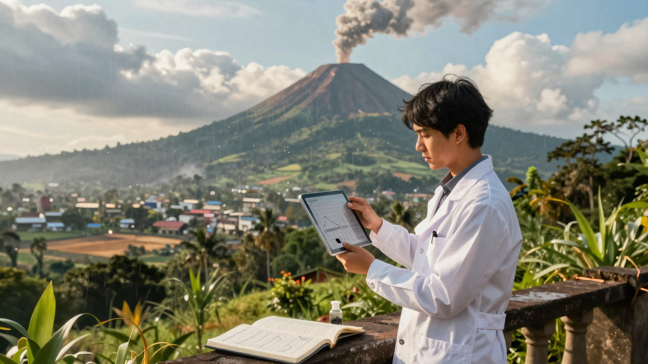 Cientista observa dados em tablet com vulcão ativo soltando fumaça ao fundo em área rural.