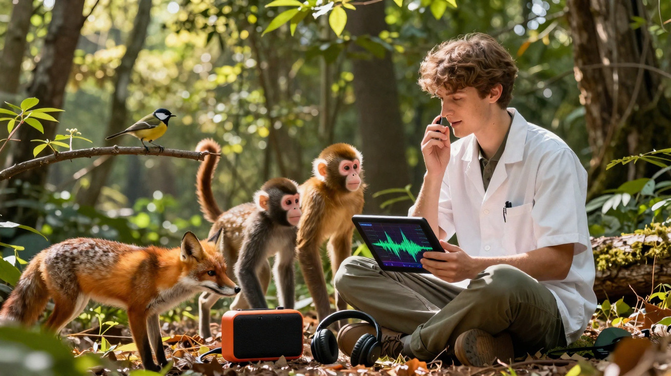 Jovem cientista em floresta com tablet, gravador, fones e animais observando, incluindo macacos, raposa e pássaro.
