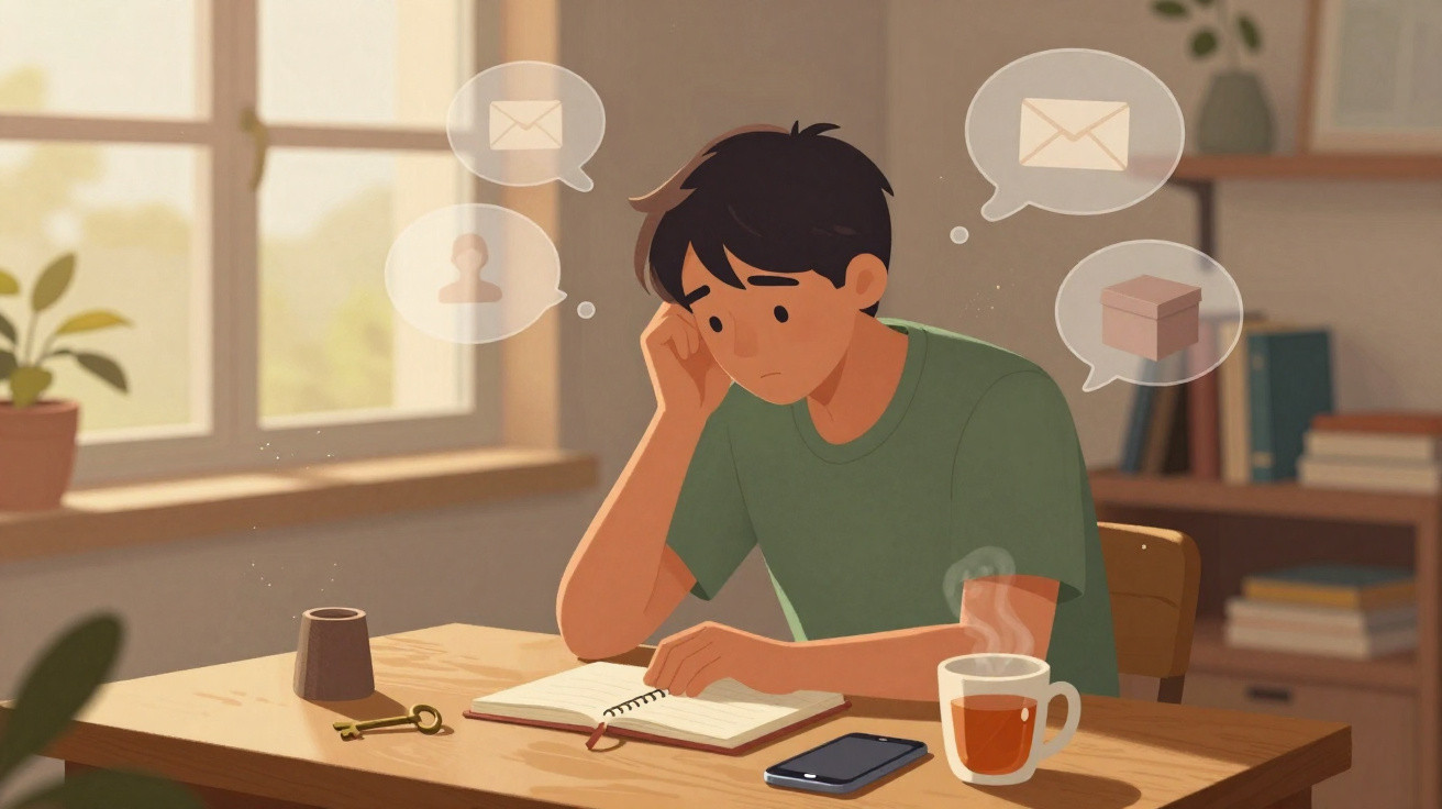 Jovem preocupado lendo caderno na mesa com chá, celular e ícones de mensagens, contatos e encomendas ao redor.