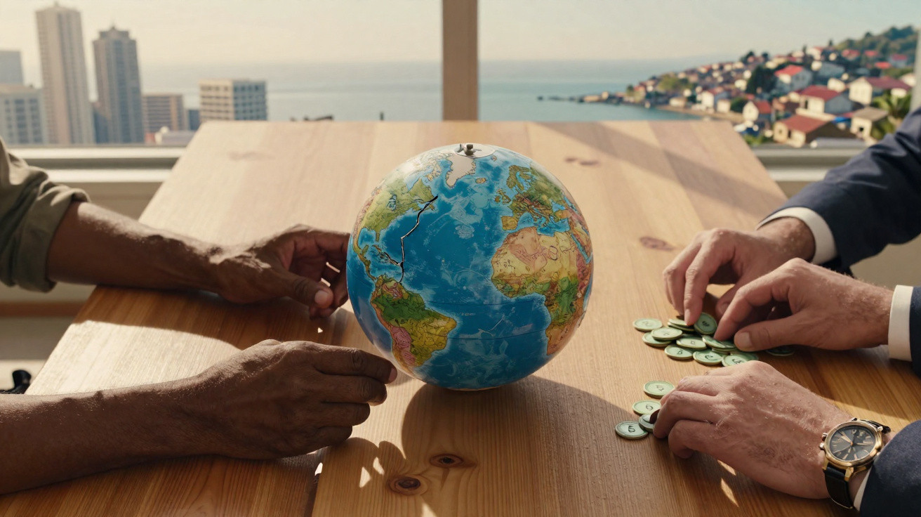 Globo terrestre em mesa de madeira entre mãos de pessoas, com vista para cidade e mar ao fundo.