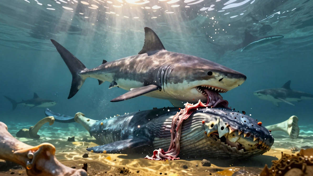 Tubarão grande mordendo baleia morta no fundo do mar com mais tubarões ao redor.