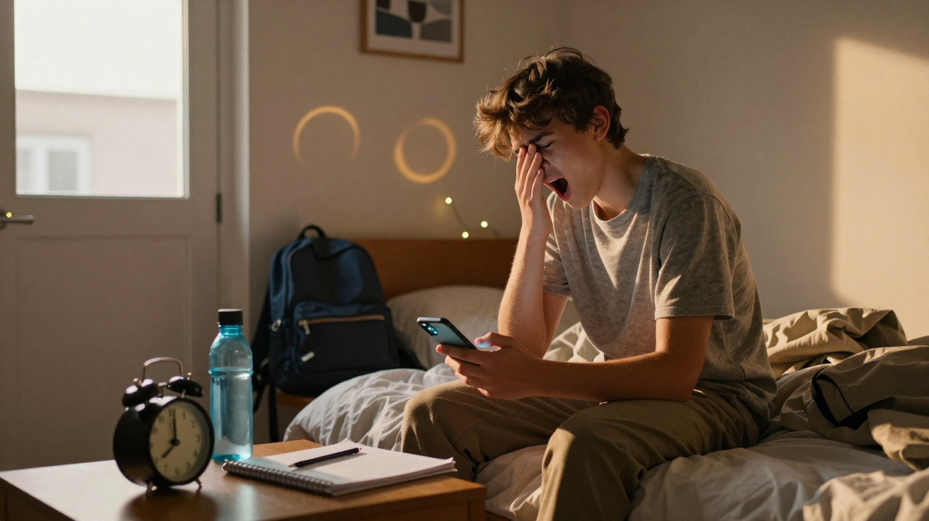 Adolescente sentado na cama bocejando e olhando para o celular em um quarto iluminado pela manhã.