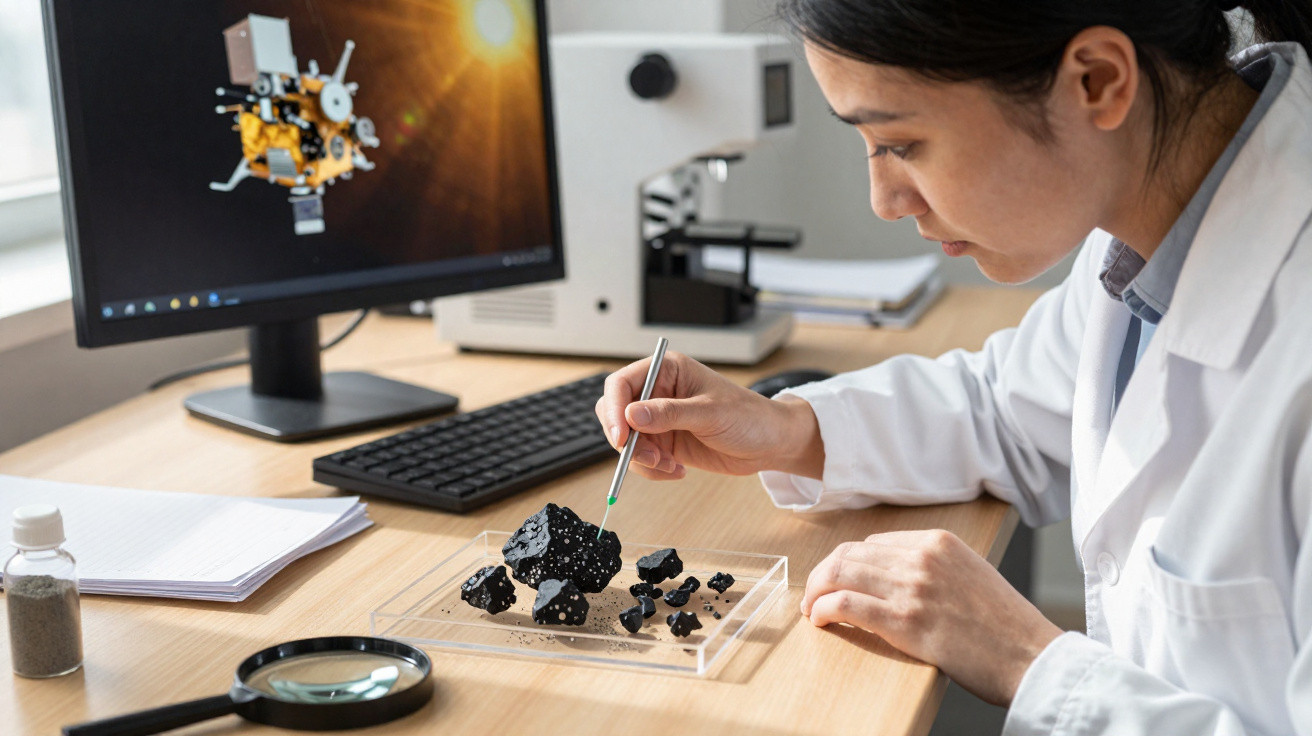 Mulher cientista analisa fragmentos de meteorito com pinça em laboratório moderno.