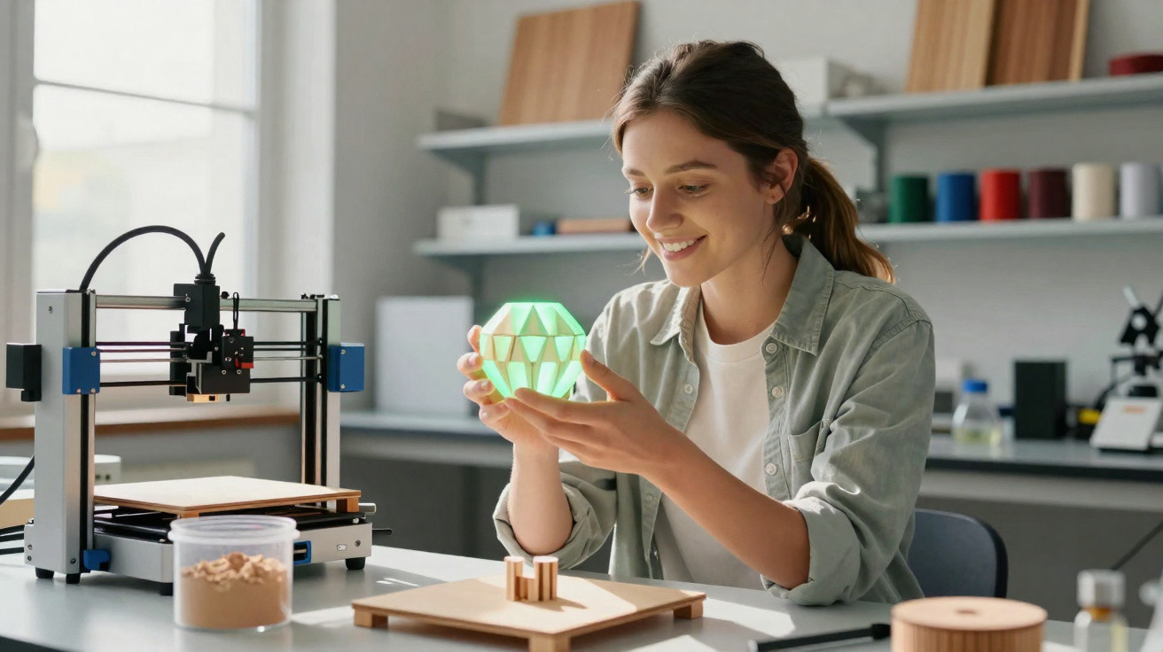 Mulher sorrindo enquanto segura um objeto geométrico verde perto de impressora 3D em sala de criação.