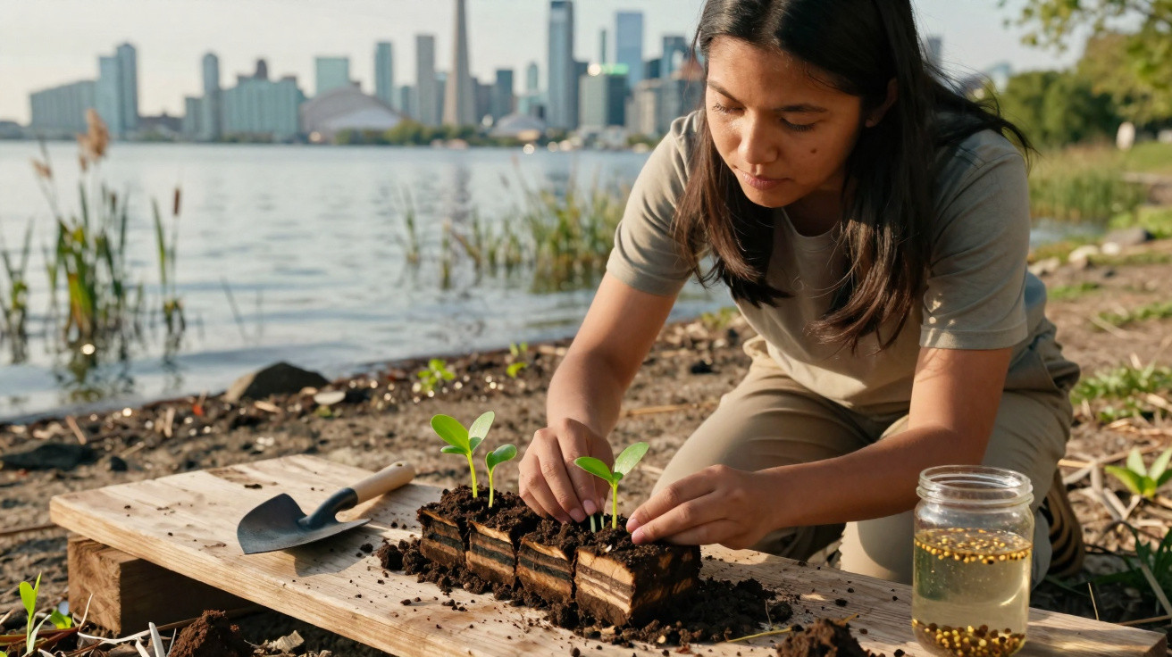 Mulher plantando mudas em pedaços de terra à beira de um lago com cidade ao fundo.