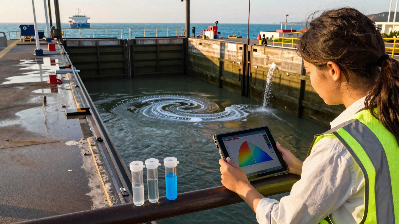 Mulher com colete de segurança analisa dados em tablet próxima a tanque de água em ambiente industrial portuário.