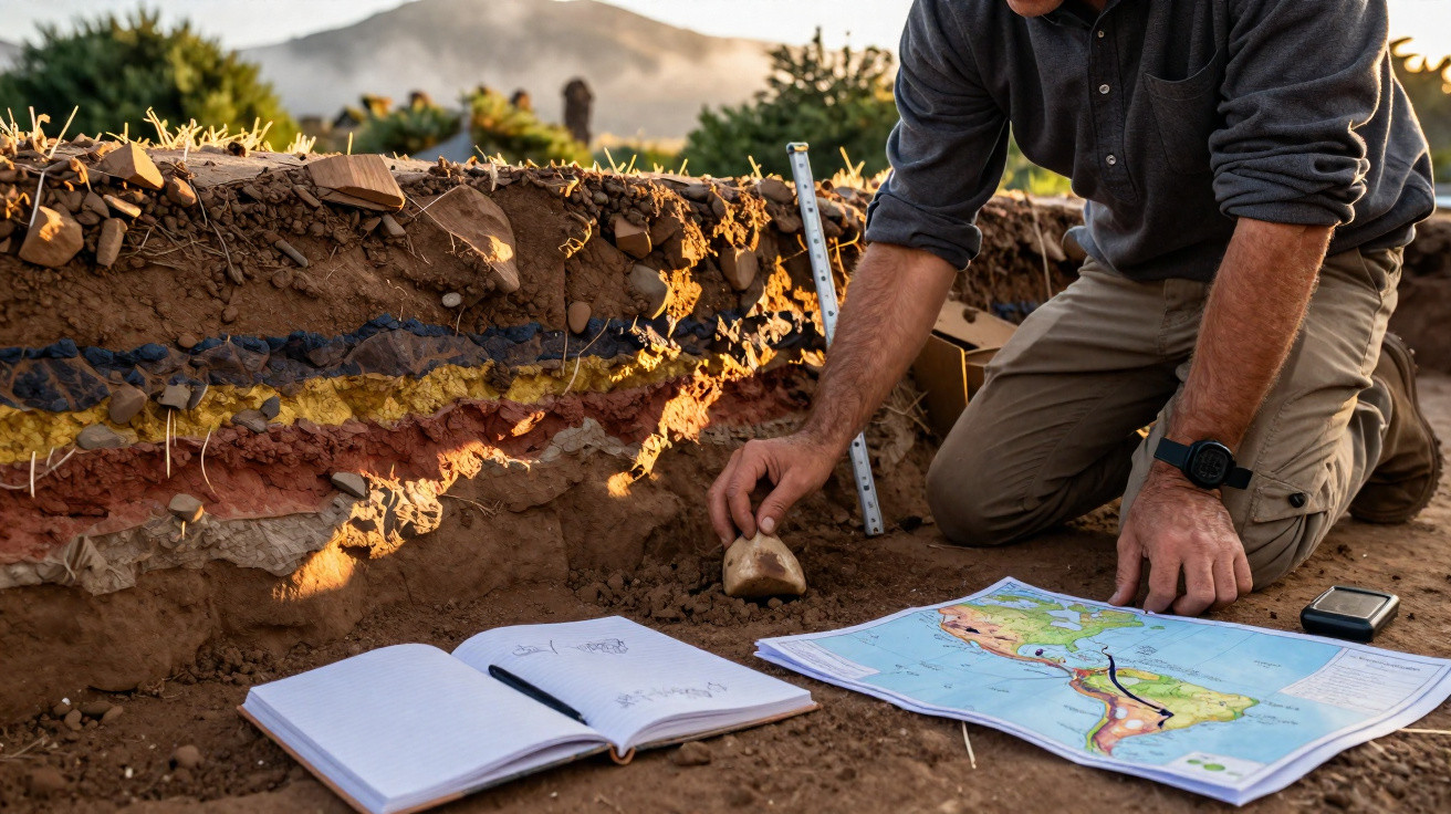 Pesquisador observa perfil do solo e trabalha com mapas e caderno em campo ao ar livre ao entardecer.