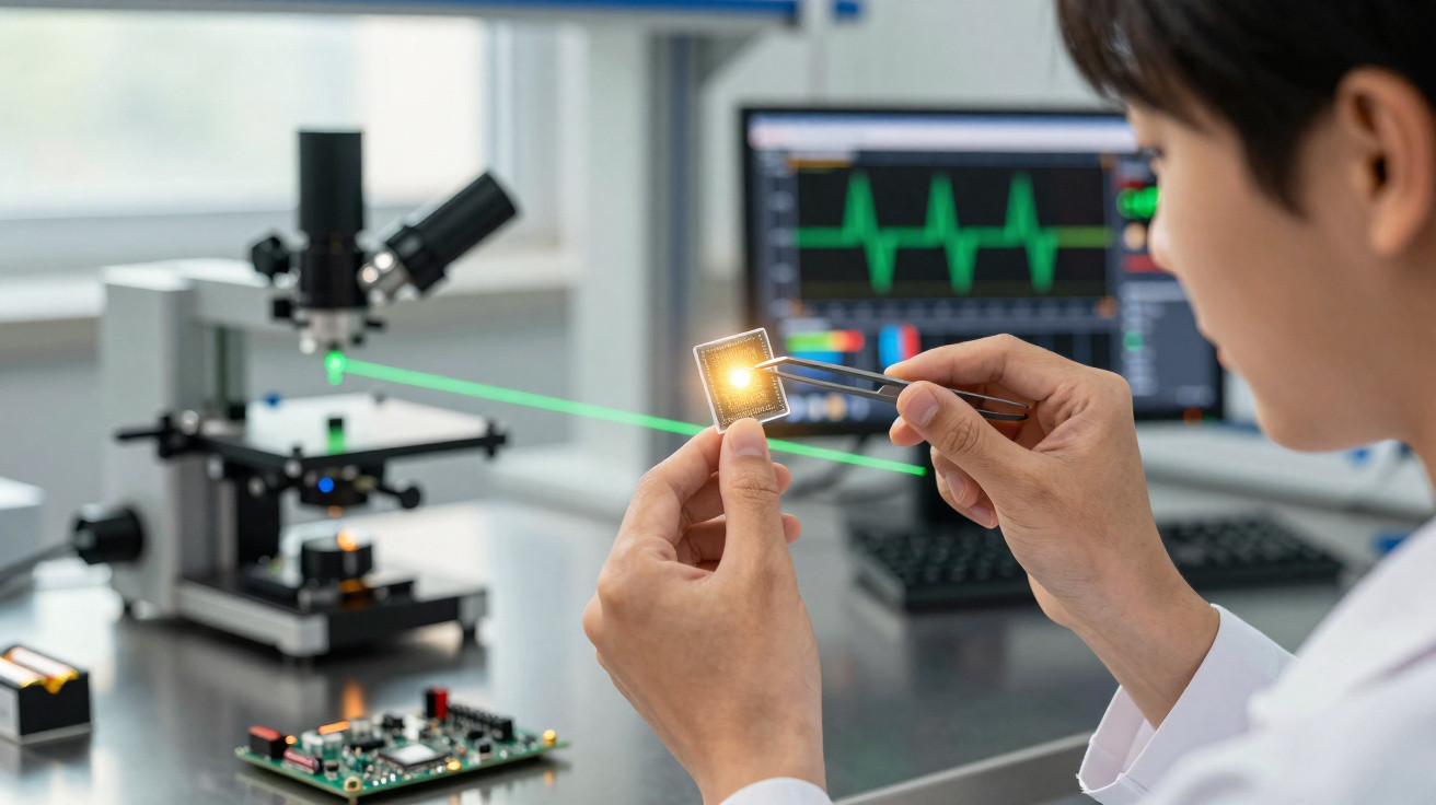 Cientista manipulando chip luminoso com pinça em laboratório com monitor de dados ao fundo.