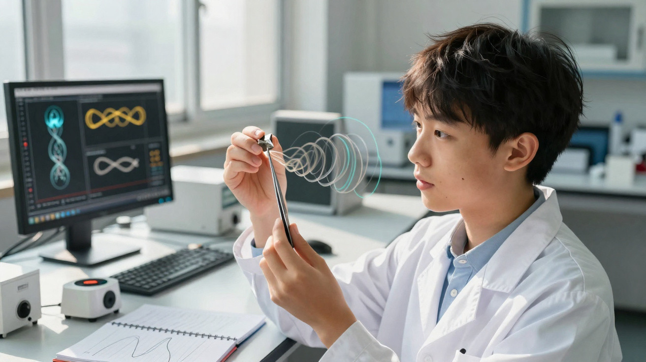 Jovem cientista em laboratório analisando modelo de ondas sonoras com computador ao fundo.