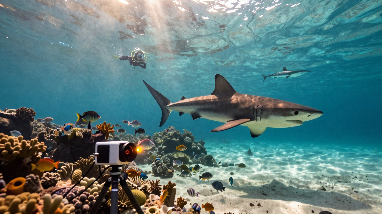 Câmera subaquática grava tubarão nadando próximo a recife de coral colorido e mergulhador ao fundo.