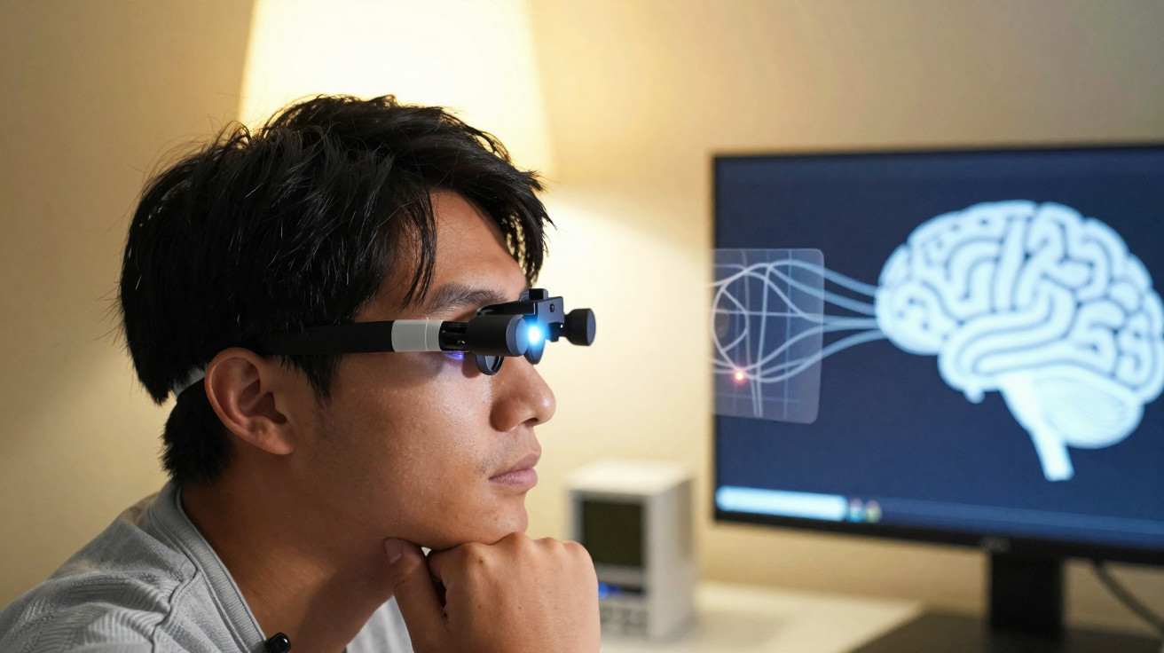 Homem usando óculos de realidade virtual observa imagem digital de cérebro em tela de computador.