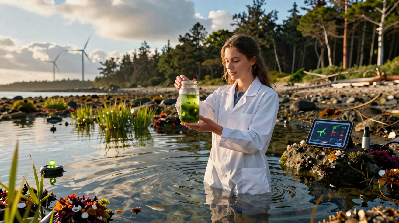 Mulher cientista em jaleco segurando pote com plantas marinhas em praia com turbinas eólicas ao fundo.