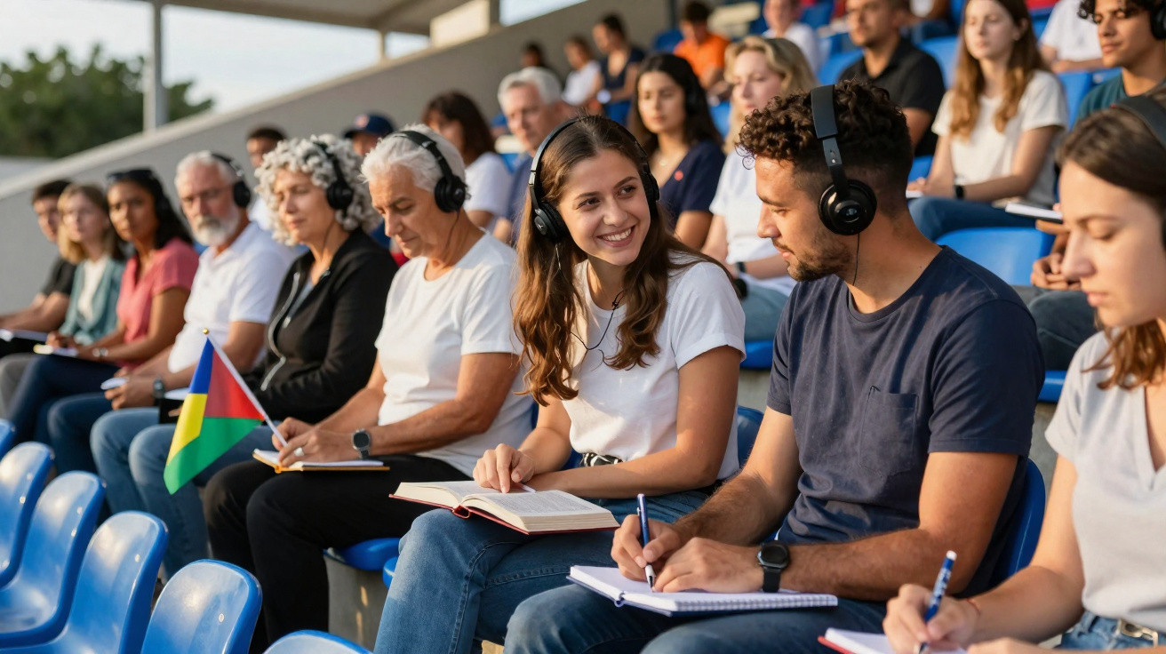 Pessoas de diferentes idades sentadas em arquibancada, usando fones de ouvido e escrevendo em cadernos.