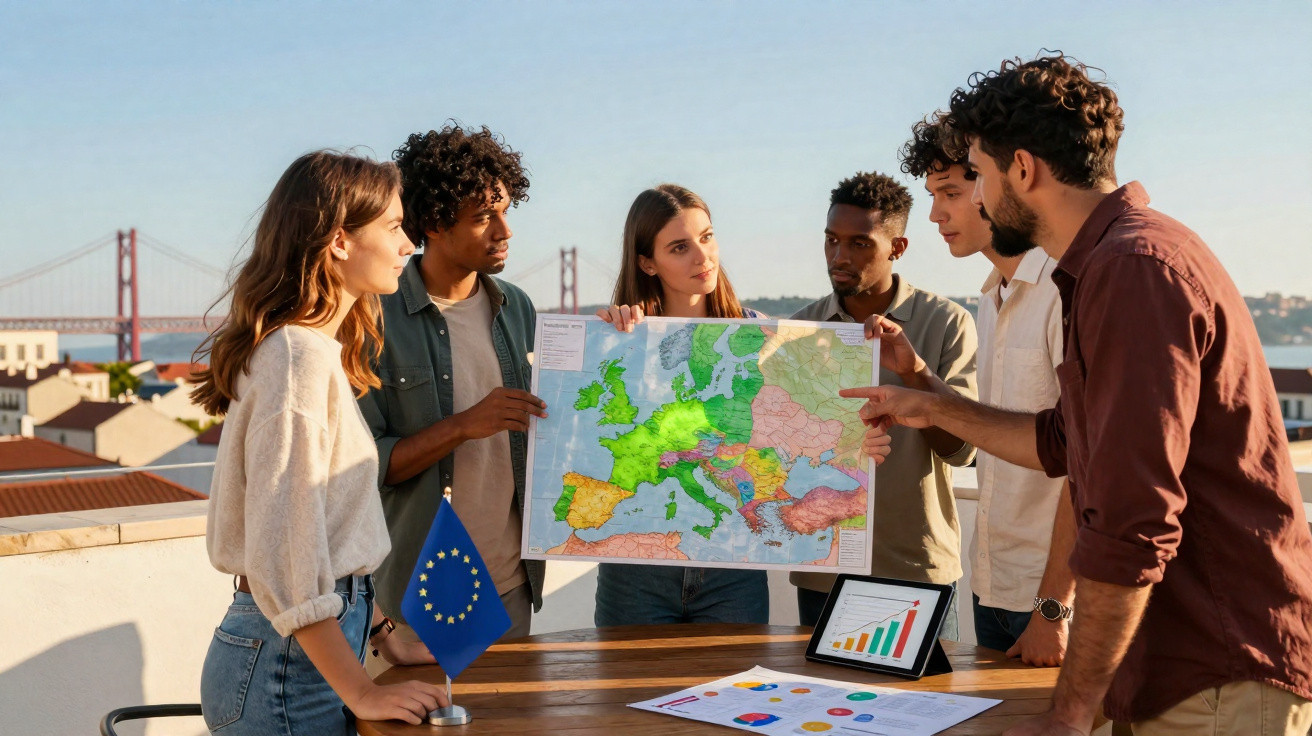 Grupo de jovens discutindo mapa da Europa em reunião ao ar livre com bandeira da UE na mesa.