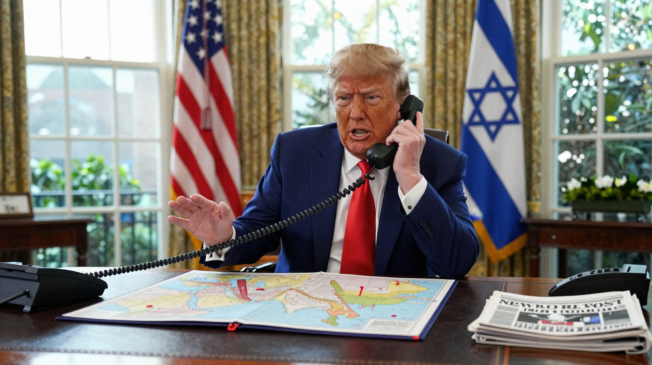 Homem de terno azul e gravata vermelha falando ao telefone em escritório com mapa e bandeiras dos EUA e Israel.