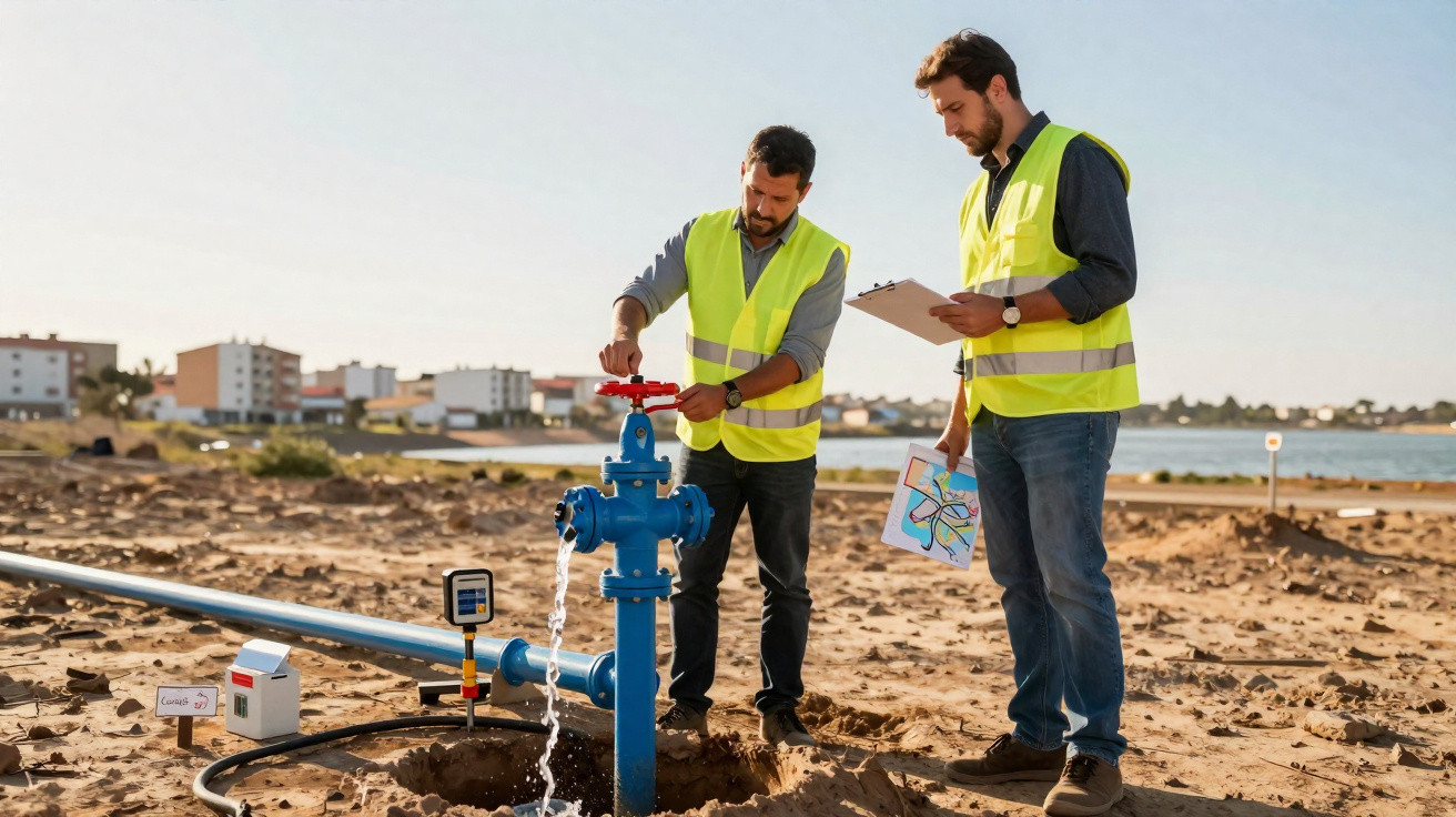 Dois técnicos com coletes refletores inspecionam e ajustam hidrante azul em área externa próxima à água.
