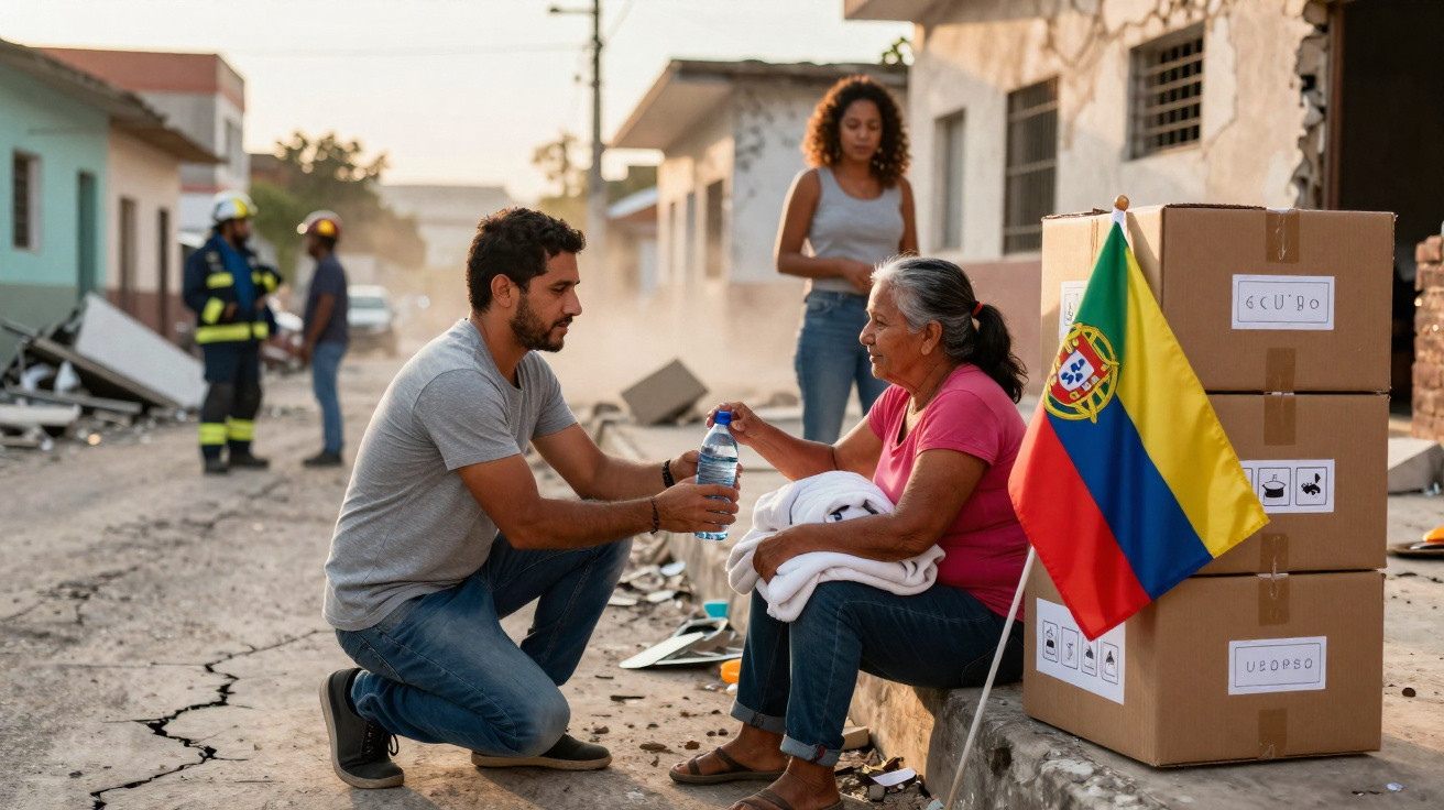 Homem entrega garrafa de água para idosa sentada em rua com entulho, caixas e bandeira do Equador.