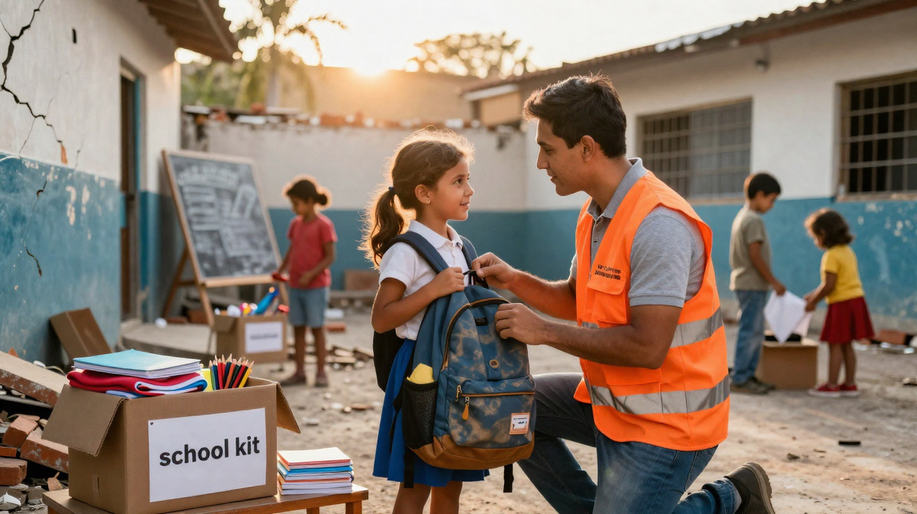 Homem de colete refletivo ajudando menina com mochila em escola ao ar livre ao entardecer.