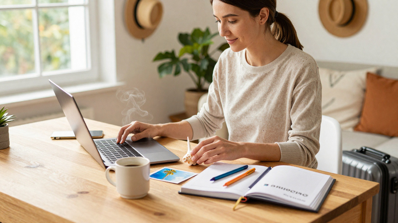 Mulher sorrindo planeja viagem no laptop com caderno, canetas e café na mesa de madeira.