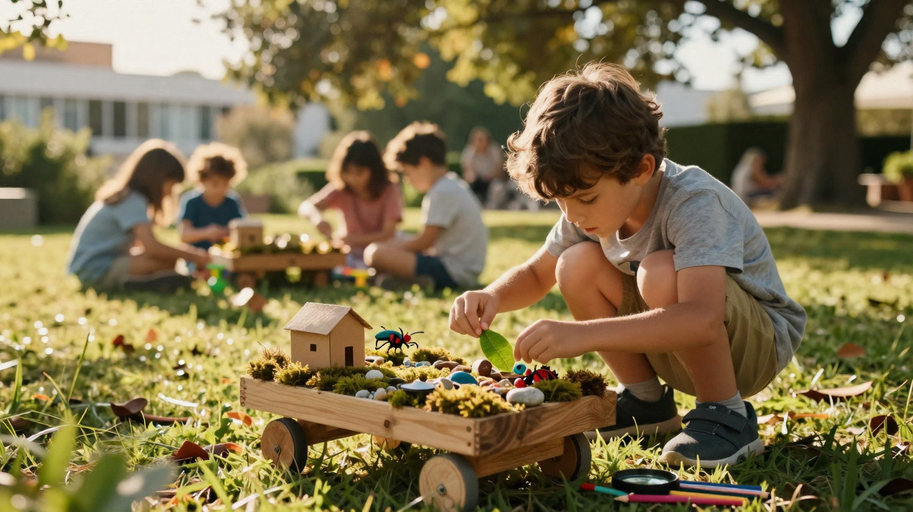 Menino brinca com miniatura de casa e insetos em carrinho de madeira no parque com outras crianças ao fundo.