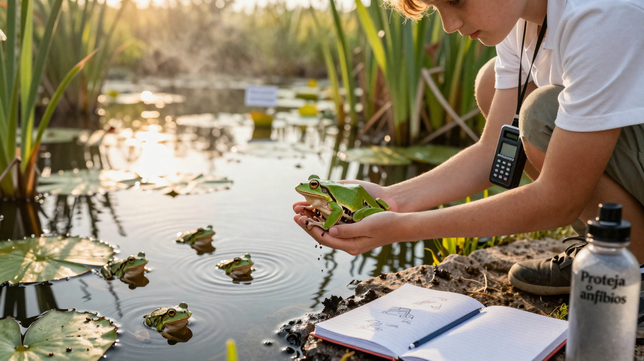Menino observando e segurando um sapo perto de lago com plantas aquáticas e caderno de anotações aberto.