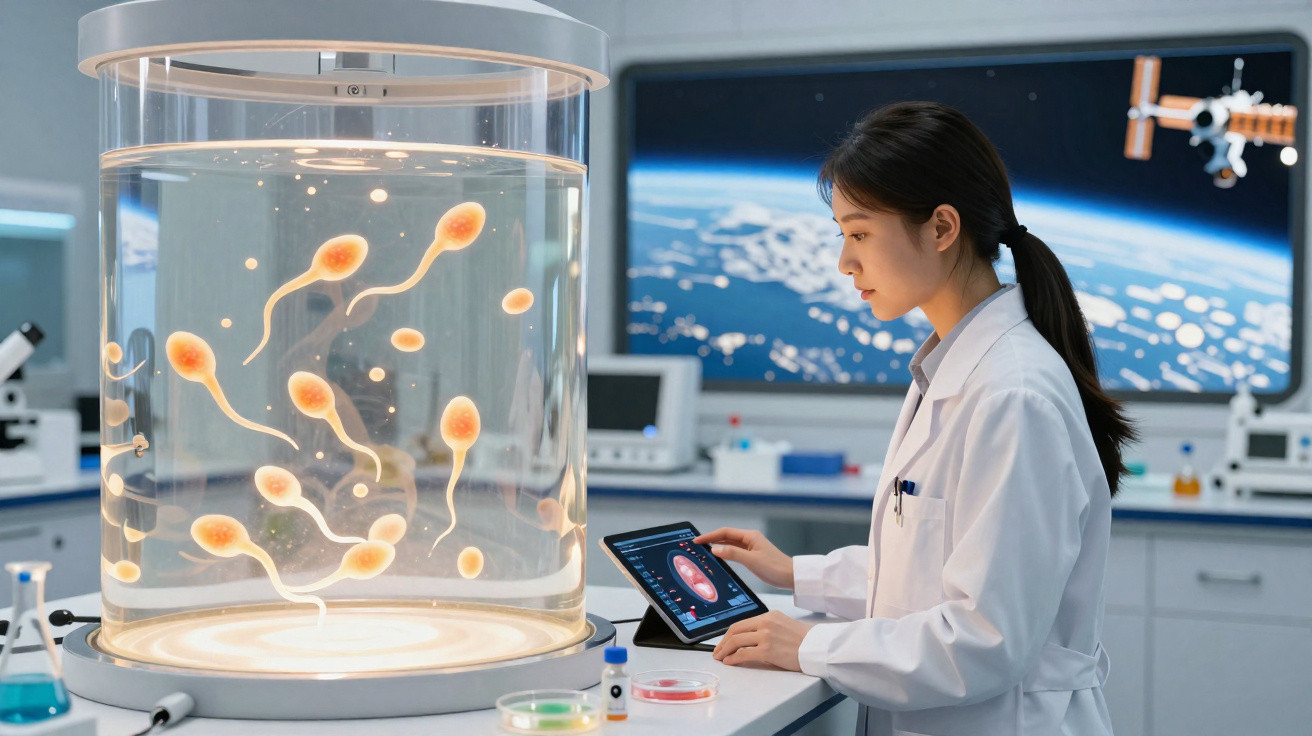 Cientista mulher em laboratório analisando imagem digital de espermatozoides em grande cilindro transparente.