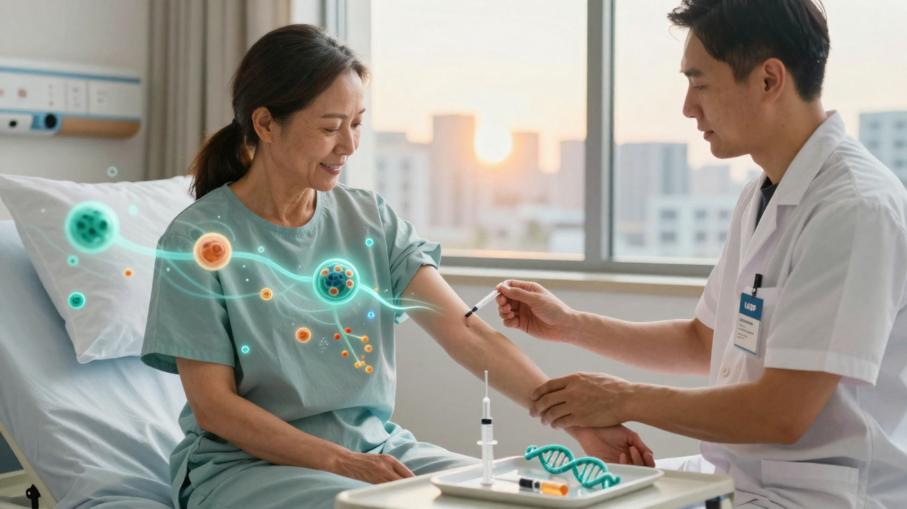 Paciente recebendo injeção no braço de médico, com gráficos digitais de células e DNA sobrepostos.