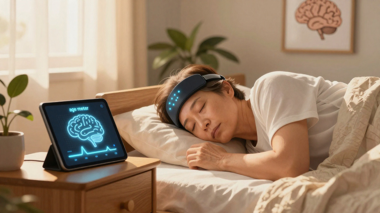 Pessoa dormindo com faixa cerebral tecnológica e tablet medindo idade do cérebro ao lado da cama.