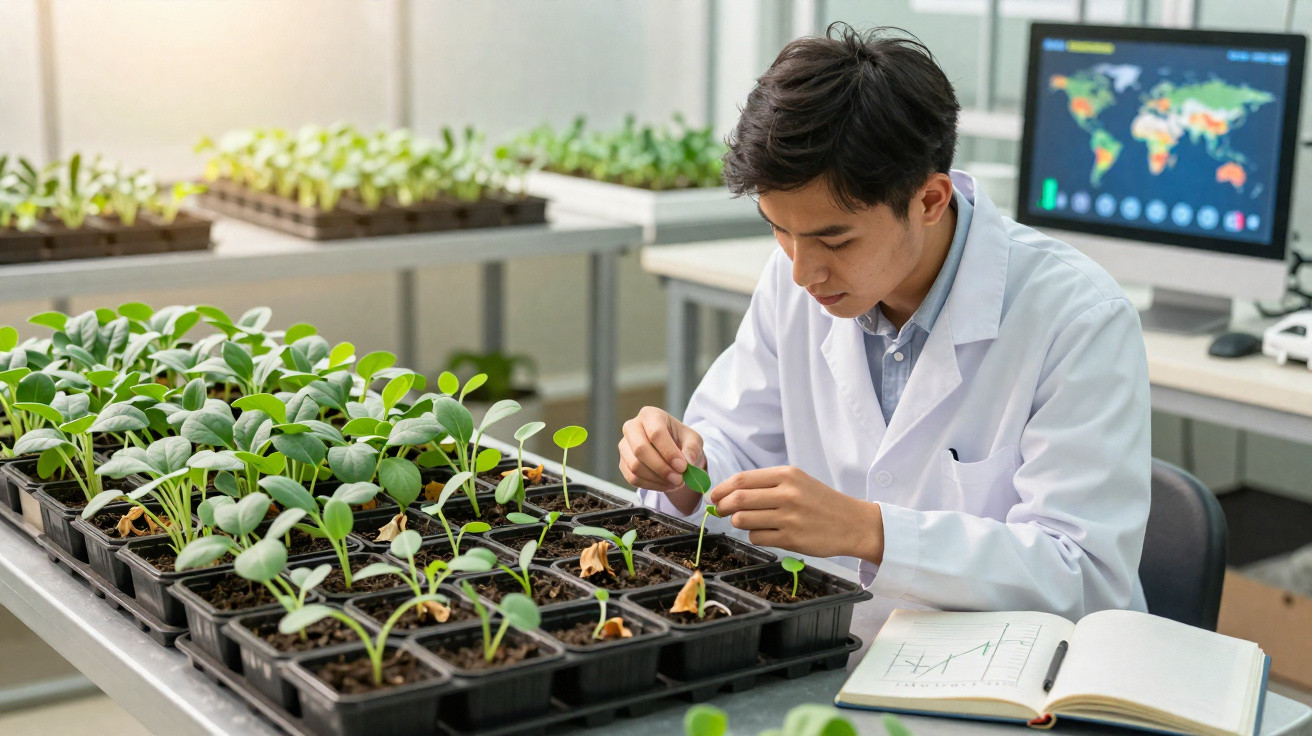 Pesquisador em laboratório cuidando de mudas de plantas em bandejas de cultivo com monitor ao fundo.